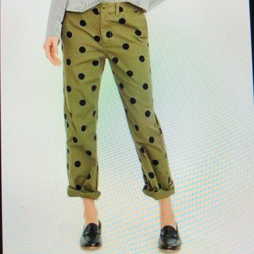 NWT JCrew Boyfriend Chino Army Green w polka dots